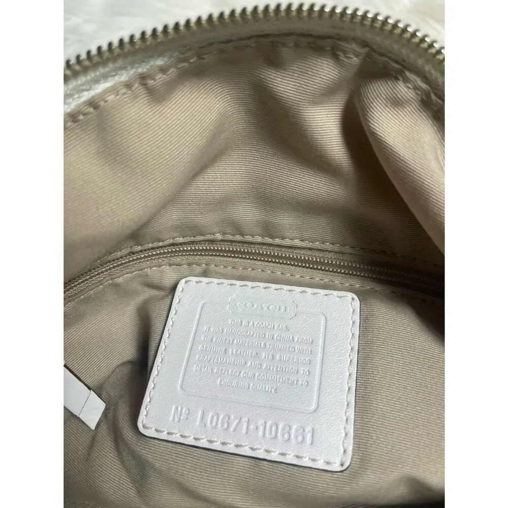 Coach Hampton sateen off white &Yellow marble hobo Bag tan leather &fabric strap